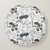 Vriendelijke Dinosaurussen in Auto's Patroon Rond Kussen (Voorkant)