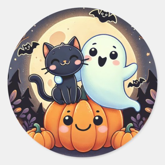 Vriendelijke geest en kat Halloween Ronde Sticker (Voorkant)