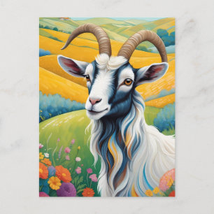 Vriendelijke geit met kleurrijke levendige heuvels briefkaart