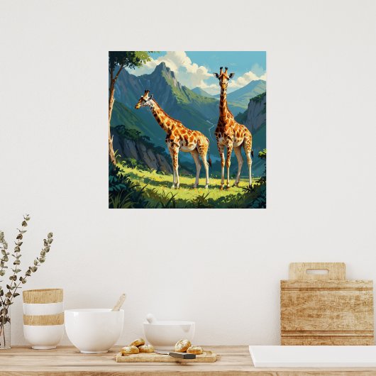Vriendelijke Giraffes in het Wilde Schilderij Poster (Keuken)