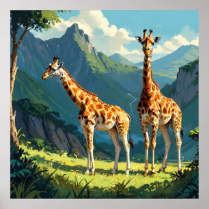 Vriendelijke Giraffes in het Wilde Schilderij Poster