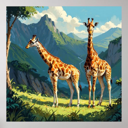 Vriendelijke Giraffes in het Wilde Schilderij Poster (Voorkant)