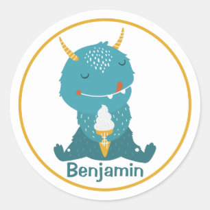 Vriendelijke glimlachende blauwe gele monsters jon ronde sticker