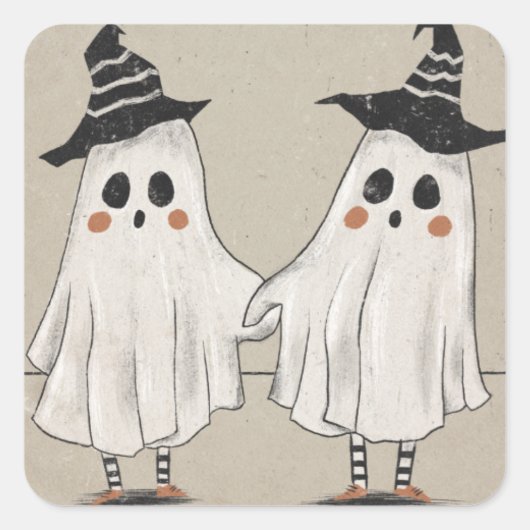 Vriendelijke Halloween Ghost Twins Vierkante Sticker (Voorkant)