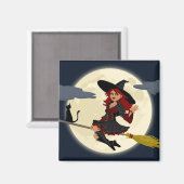 Vriendelijke halloween heks op bruin en zwarte kat magneet (Voorkant / Achterkant)