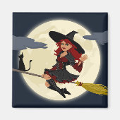 Vriendelijke halloween heks op bruin en zwarte kat magneet (Voorkant)