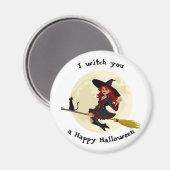 Vriendelijke halloween heks op bruin en zwarte kat magneet (Voorkant / Achterkant)