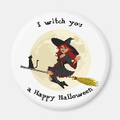 Vriendelijke halloween heks op bruin en zwarte kat magneet (Voorkant)