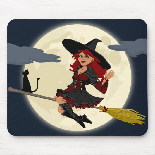 Vriendelijke halloween heks op bruin en zwarte kat muismat (Voorkant)