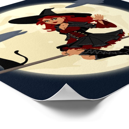 Vriendelijke halloween heks op bruin en zwarte kat poster (Hoek)