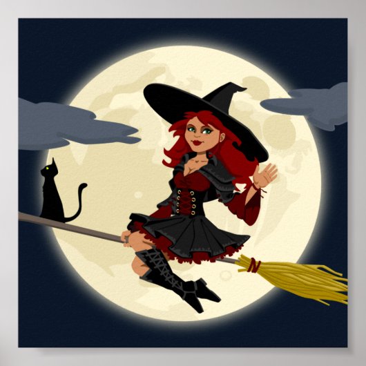Vriendelijke halloween heks op bruin en zwarte kat poster (Voorkant)