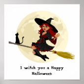 Vriendelijke halloween heks op bruin en zwarte kat poster (Voorkant)