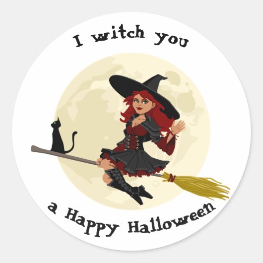 Vriendelijke halloween heks op bruin en zwarte kat ronde sticker (Voorkant)