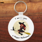 Vriendelijke halloween heks op bruin en zwarte kat sleutelhanger (Voorkant)
