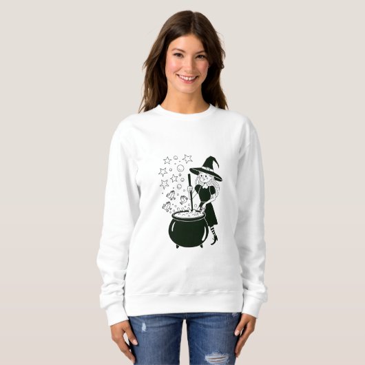 Vriendelijke heks die toverketel roert trui (Voorkant volledig)