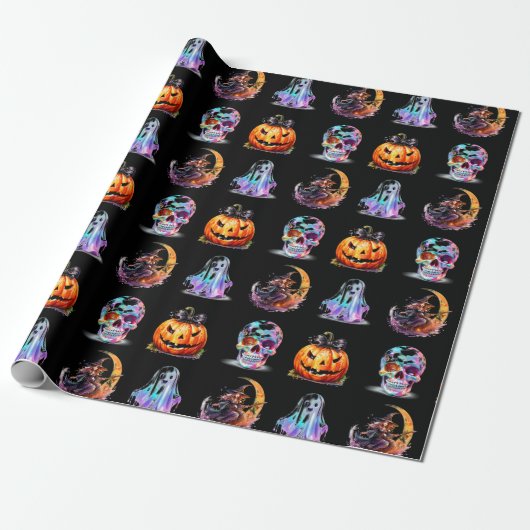 Vriendelijke Iconen Grid Halloween Black Fun Holid Cadeaupapier (Uitgerold)