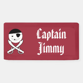 Vriendelijke lachende piraat met gekruiste zwaarde spandoek