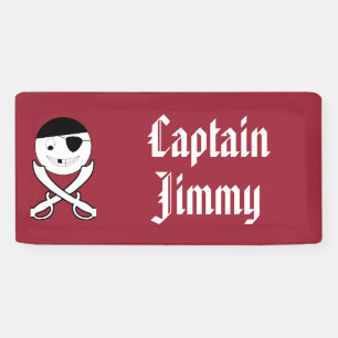 Vriendelijke lachende piraat met gekruiste zwaarde spandoek