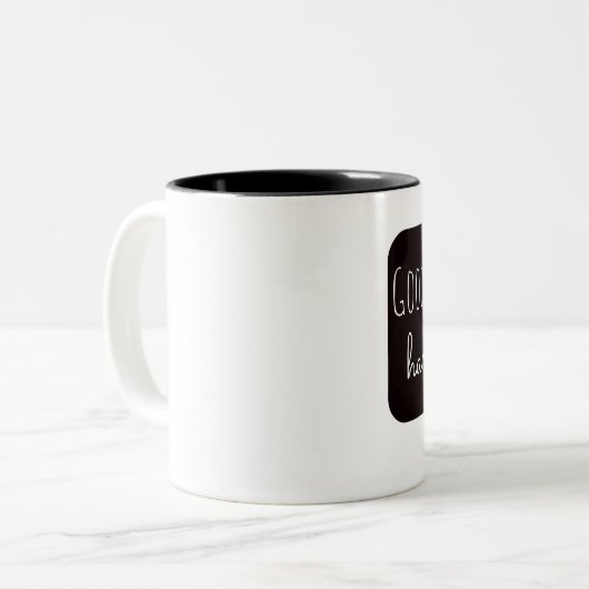 Vriendelijke Mokken: "Goedemorgen, handig" Tweekleurige Koffiemok (Voorkant links)