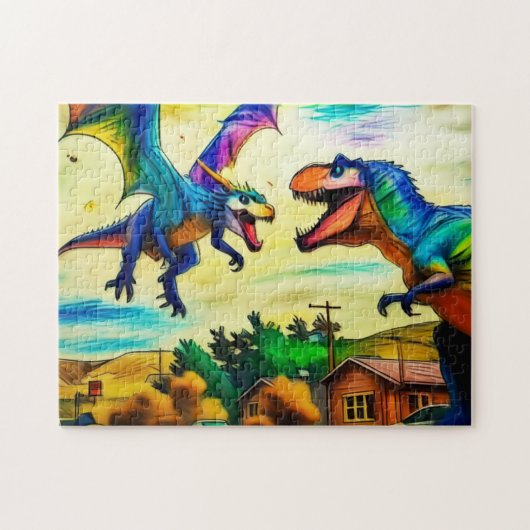 Vriendelijke ontmoeting - Draak en dinosaurus Legpuzzel (Horizontaal)