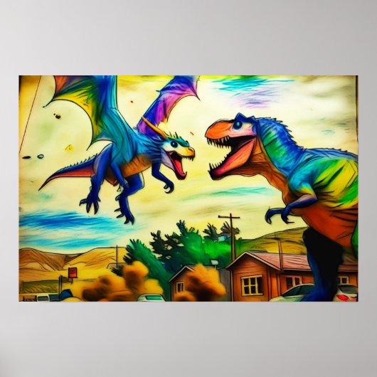 Vriendelijke ontmoeting - Draak en dinosaurus Poster (Voorkant)