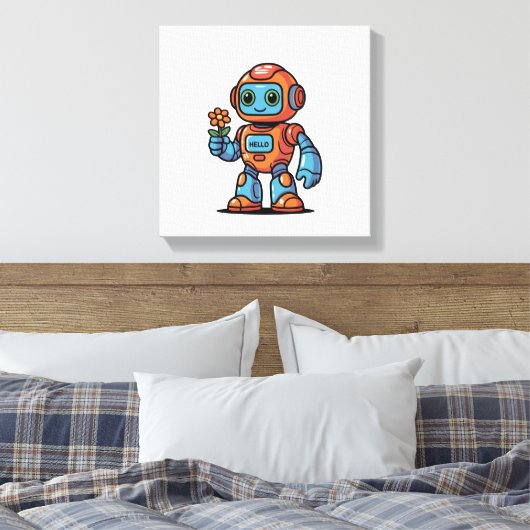 Vriendelijke Robot Cartoon Vierkant Canvas Print (Insitu (Slaapkamer))