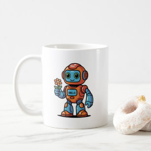 Vriendelijke Robot met Bloem Cartoon Witte Koffie Koffiemok