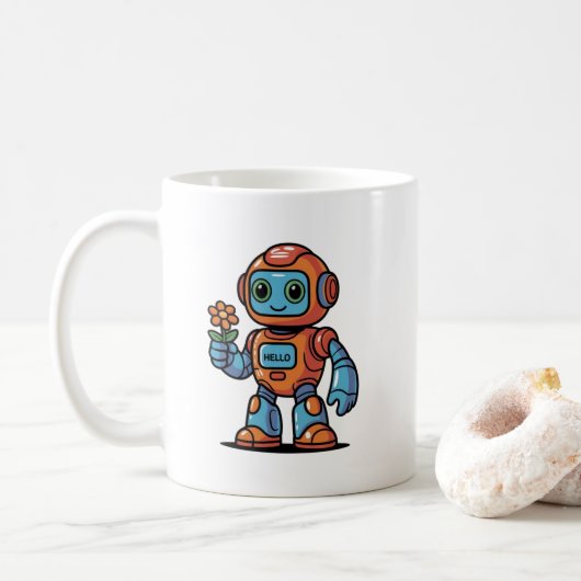 Vriendelijke Robot met Bloem Cartoon Witte Koffie Koffiemok (Met donut)