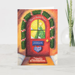 Vriendelijke Rode Kerstmis Voordeur Knus Thuis Kaart