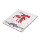 Vriendelijke rode kreeft grote ogen en gele strip tegeltje (Zijkant)