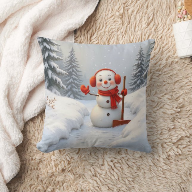 Vriendelijke Sneeuwman met een Rode Schep Kussen (Deken)