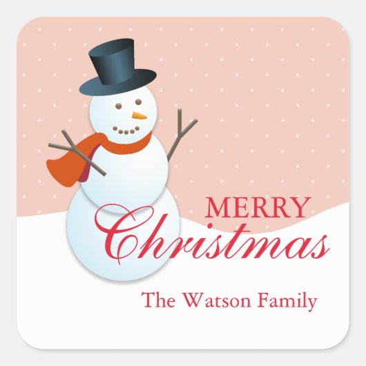 Vriendelijke sneeuwpop noordpool roze kerstvakanti vierkante sticker (Voorkant)