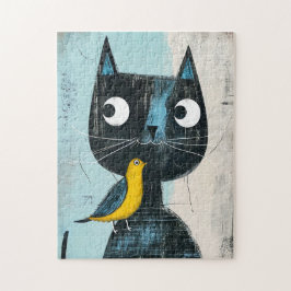 Vriendelijke strip zwarte kat met gele vogel legpuzzel