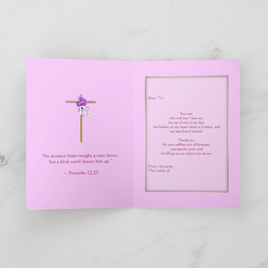 Vriendelijkheid "dank u" roze religieuze bijbel bedankkaart (Binnen)
