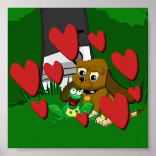 Vrienden cartoon beagle hond en kikker met hart poster