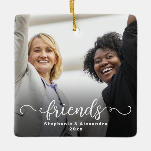 Vrienden Dubbelzijdig Curly Script Overlay Foto Keramisch Ornament (Voorkant)