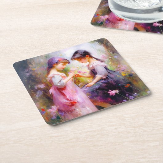 Vrienden en bloemen kartonnen onderzetters (Schuin)