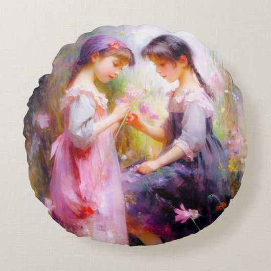 Vrienden en bloemen rond kussen (Voorkant)