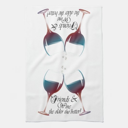 Vrienden en wijn, hoe ouder hoe beter, Wijncadeaut Theedoek (Verticaal)