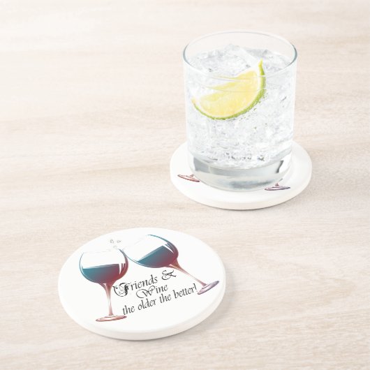 Vrienden en wijn, hoe ouder hoe beter, Wijncadeaut Zandsteen Onderzetter (Zijkant)