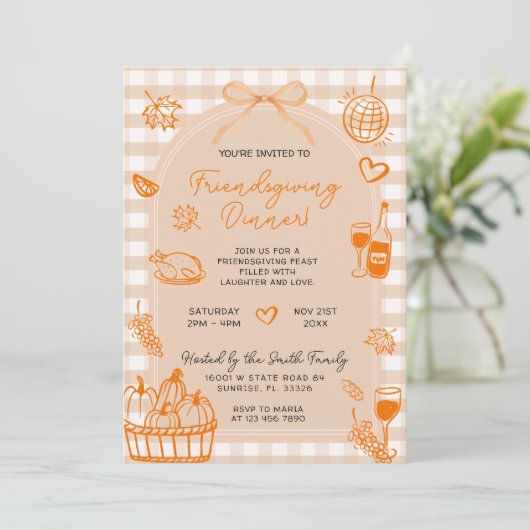 Vrienden geven Pompoen Hand getrokken Dinner Party Kaart (Staand voorkant)