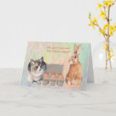 VRIENDEN Grappige kat en konijn Pasen Kaart (Gele Bloem)