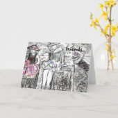 Vrienden Houtskool Tekening Collage Note Kaart (Gele Bloem)