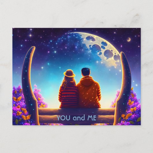 Vrienden of geliefden op een bankje in het maanlic briefkaart (Voorkant)