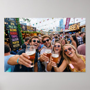 Vrienden proosten op poster van Belgisch bierfesti