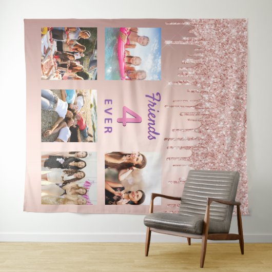 Vrienden roze gouden fotocollage glitters wandkleed (In Situ (horizontaal))