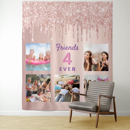 Vrienden roze gouden fotocollage glitters wandkleed (In situ)