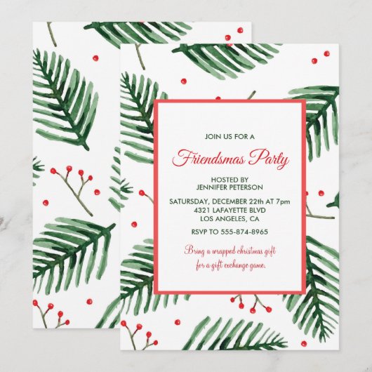 Vrienden uitnodigingen Elegante Kerst Evergreen (Voorkant / Achterkant)
