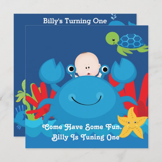 Vrienden van krab en Zee 1 jaar oud uitgenodigd Kaart (Voorkant / Achterkant)