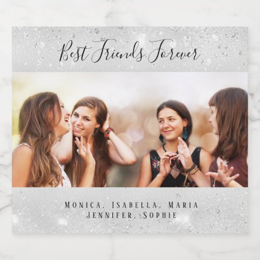 Vrienden voor altijd foto zilveren glitters namen sparkling wijnetiket (Enkel label)